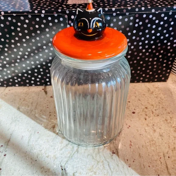 Johanna Parker Black Cat Large Glass Candy Jar Head Lid Vintage Style Transpac - Picture 2 of 10